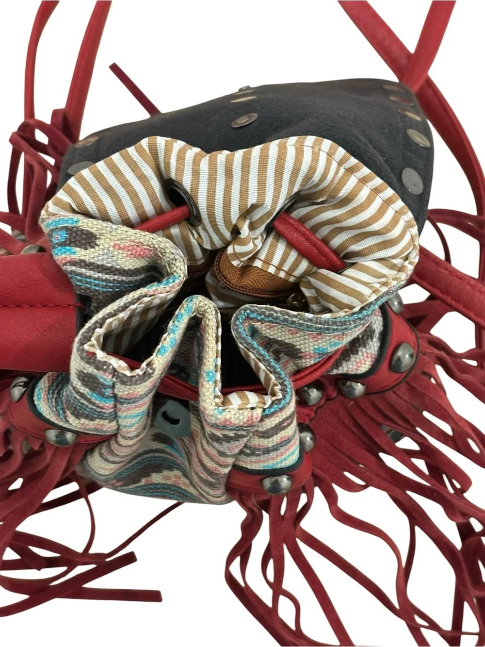Boho Fringe Studded Hobo Bag in Red - Women's Crossbody Hobo